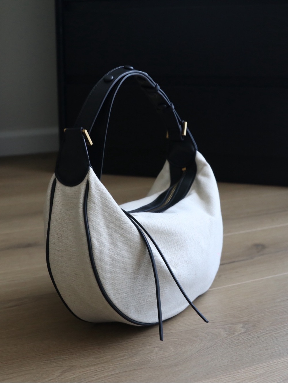 Zara Linen Cotton Oval Hobo Shoulder Bag Cream Black - Picture 5 of 15